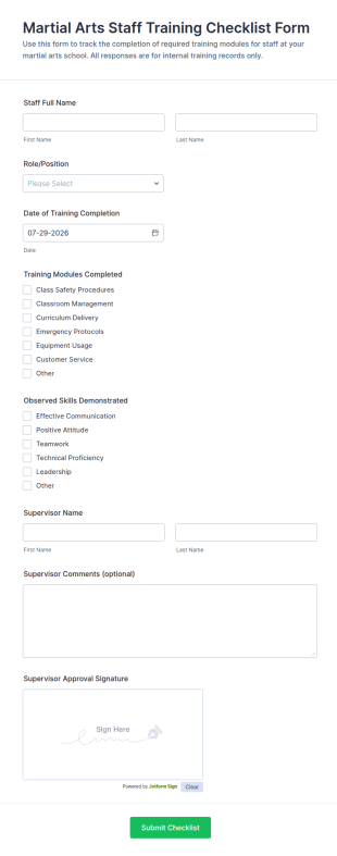 Martial Arts Staff Training Checklist Form Template