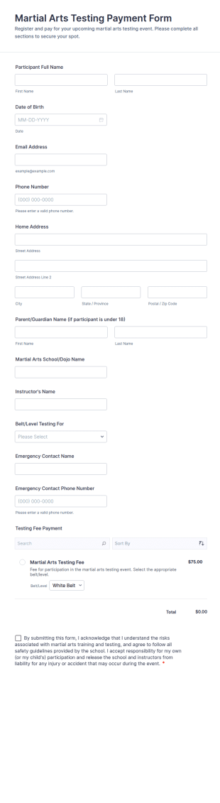 Martial Arts Testing Payment Form Template