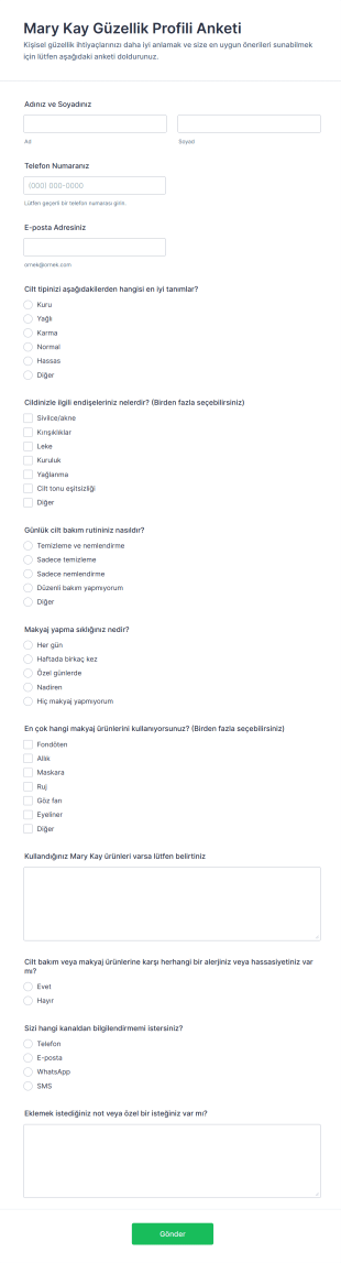 Mary Kay Güzellik Profili Anketi Form Şablonu