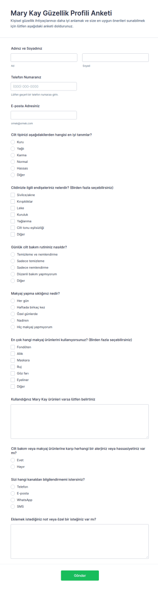 Mary Kay Güzellik Profili Anketi Form Şablonu