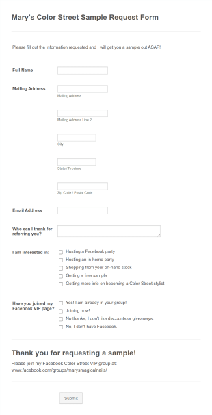 Mary's Color Street Sample Request Form Template