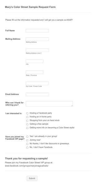Mary's Color Street Sample Request Form Template