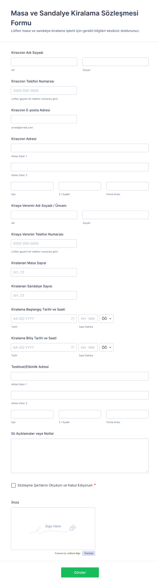 Masa Ve Sandalye Kiralama Sözleşmesi Form Şablonu