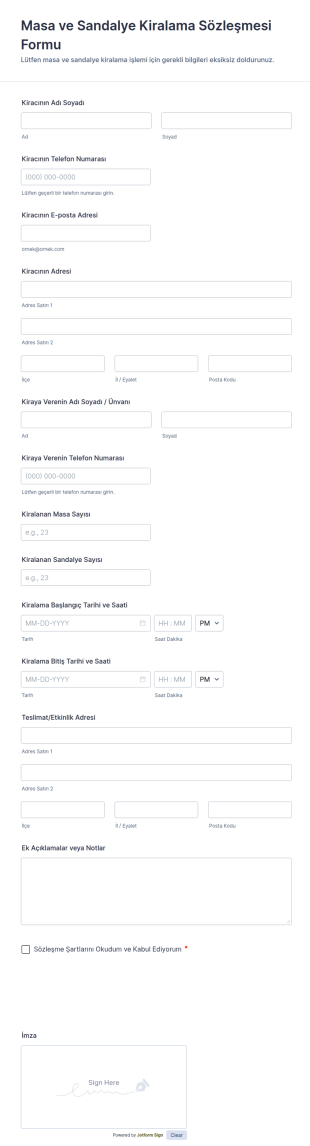 Masa Ve Sandalye Kiralama Sözleşmesi Form Şablonu