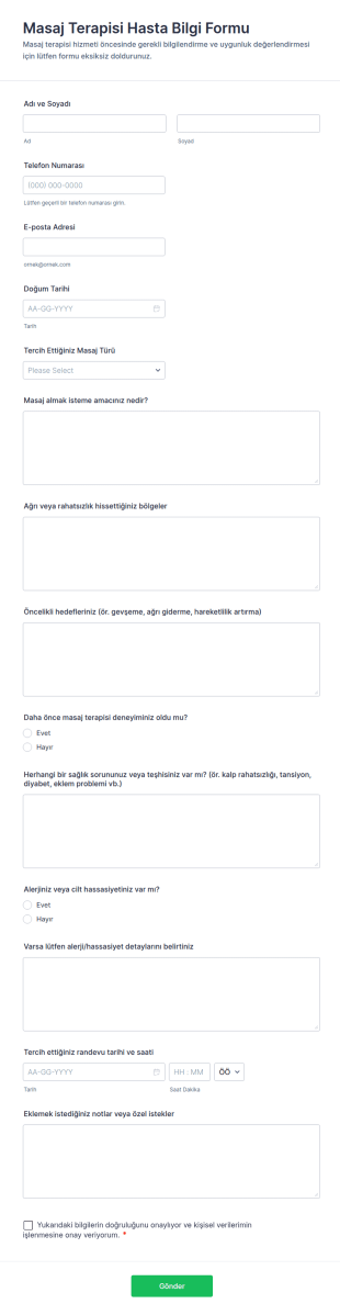 Masaj Terapi Müşteri Bilgi Form Şablonu
