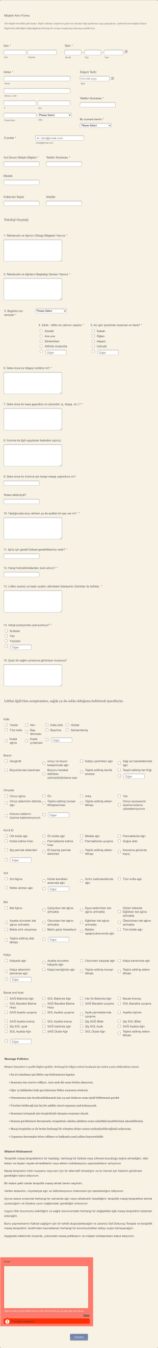 Masaj Terapisi Müşteri Alımı Form Şablonu