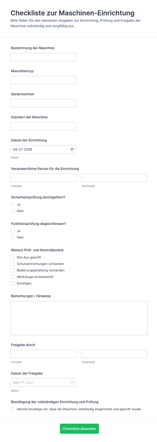 Maschinen Einrichtungs Checkliste Formular