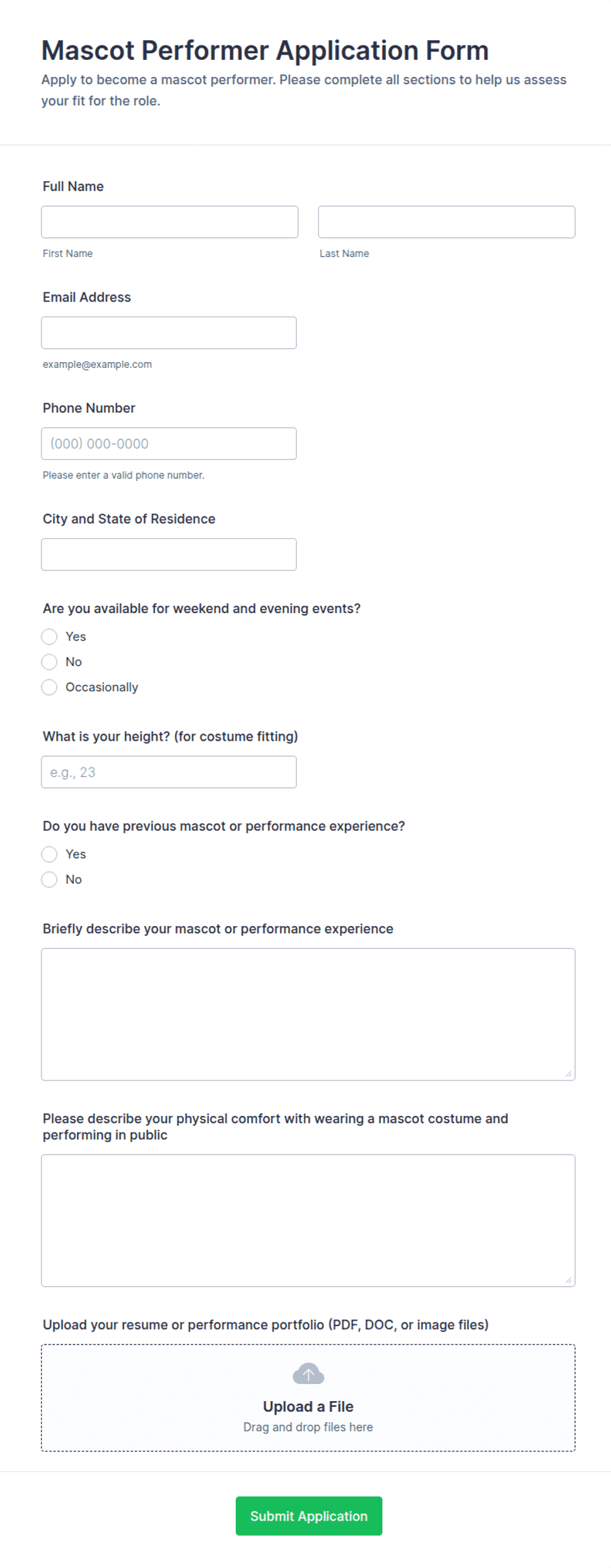 Mascot Performer Application Form Template | Jotform