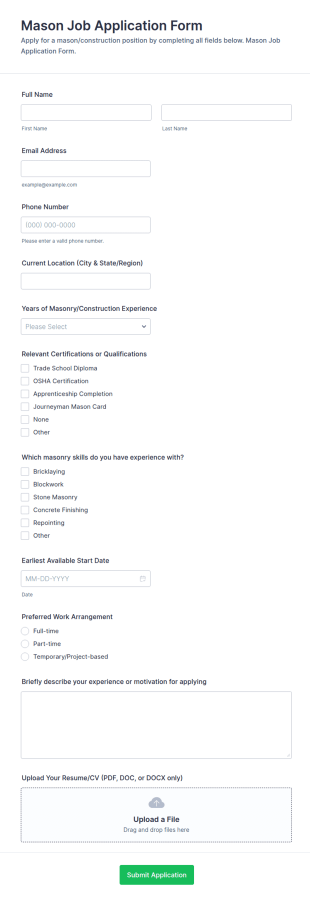 Mason Job Application Form Template
