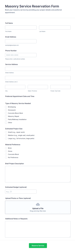 Masonry Service Reservation Form Template