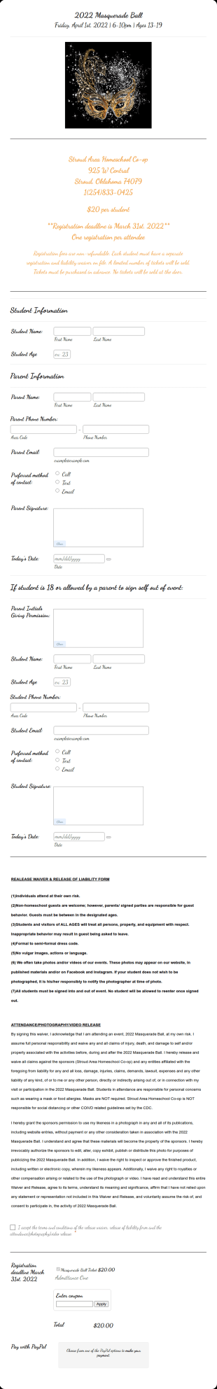 Masquerade Ball Registration Form Template