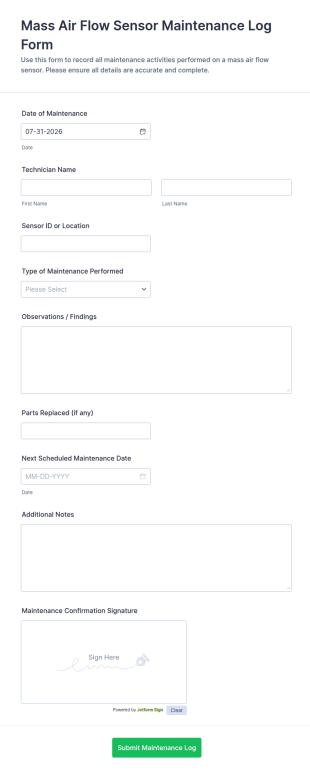 Mass Air Flow Sensor Maintenance Log Form Template