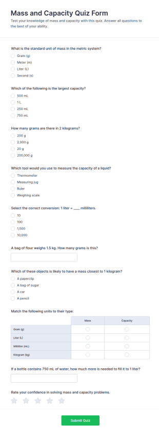 Mass And Capacity Quiz Form Template