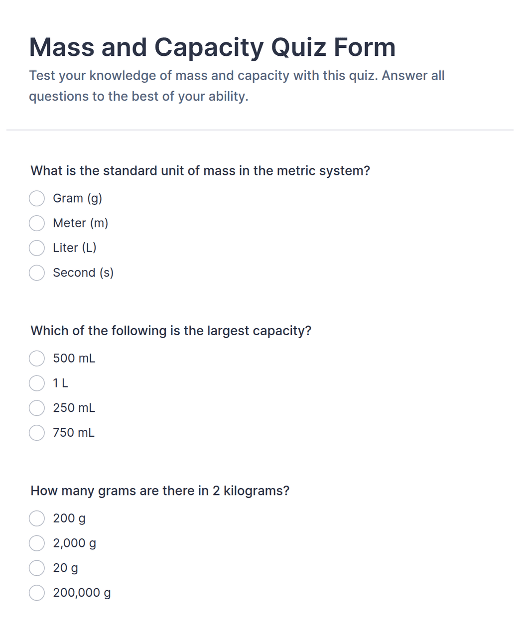 Mass and Capacity Quiz Form Template | Jotform