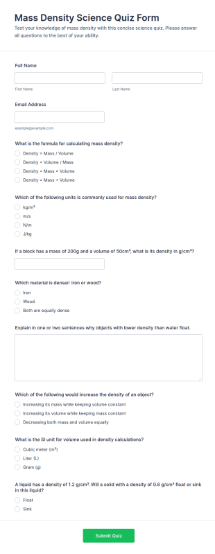 Mass Density Science Quiz Form Template