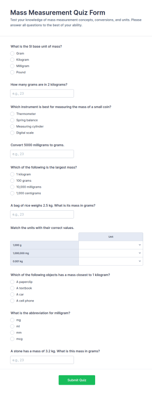 Mass Measurement Quiz Form Template
