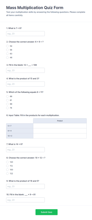 Mass Multiplication Quiz Form Template