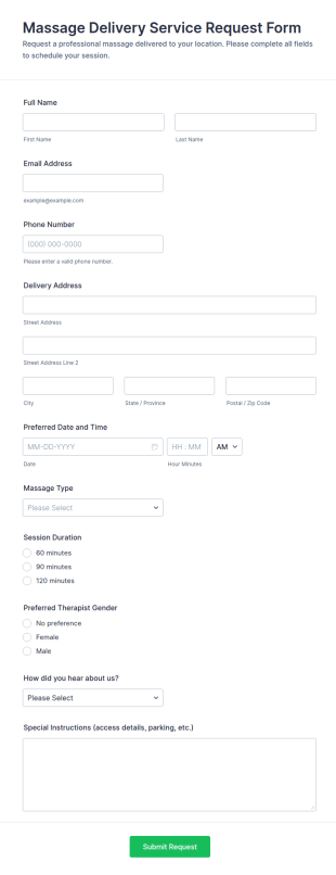 Massage Delivery Service Request Form Template
