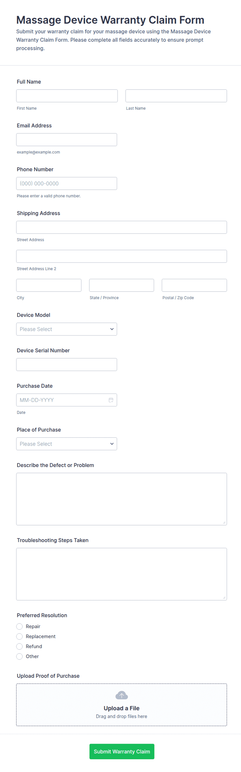 Massage Device Warranty Claim Form Template | Jotform