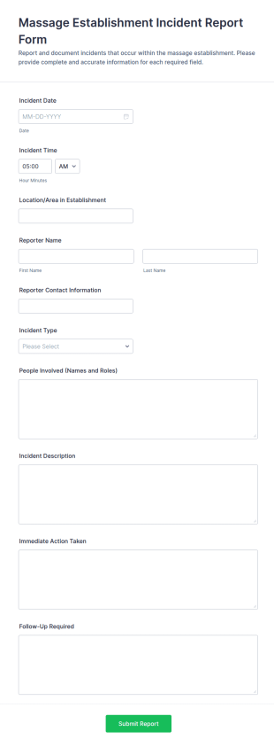 Massage Establishment Incident Report Form Template