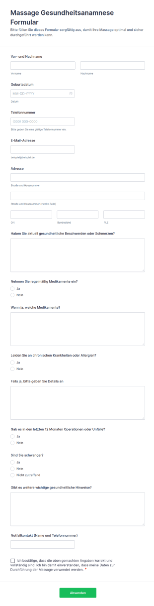 Massage Gesundheitsgeschichte Fragebogen