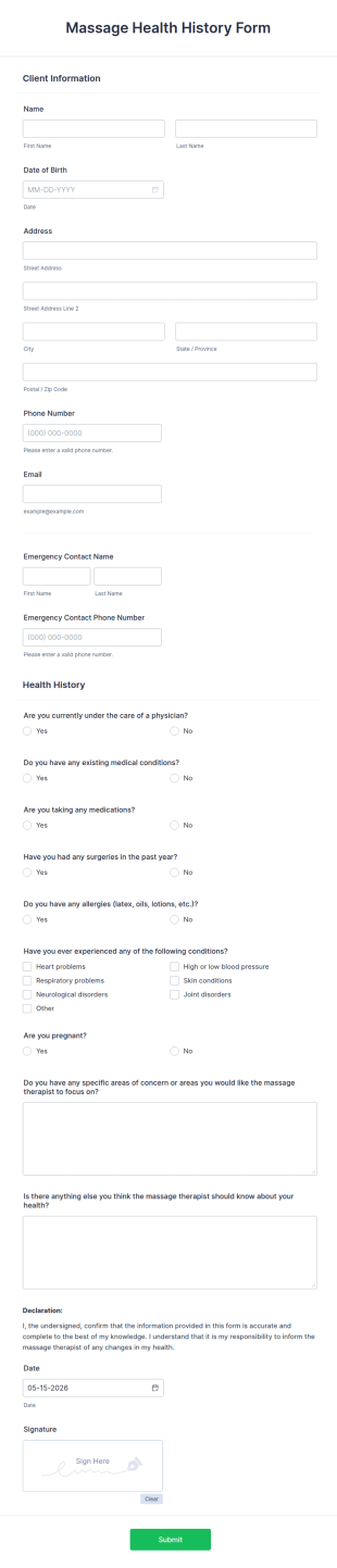 Massage Health History Form Template