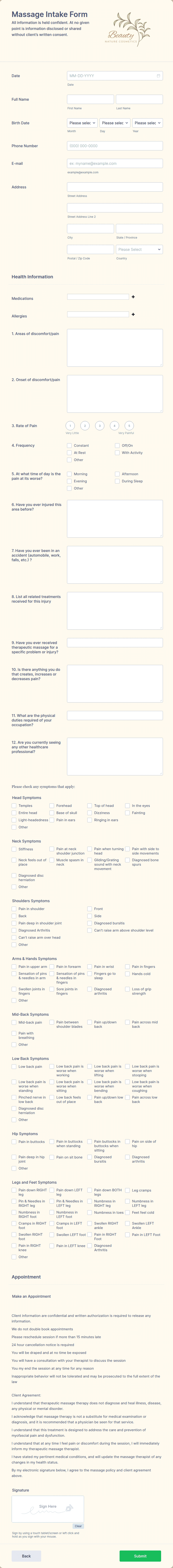 Massage Intake Form Template Jotform