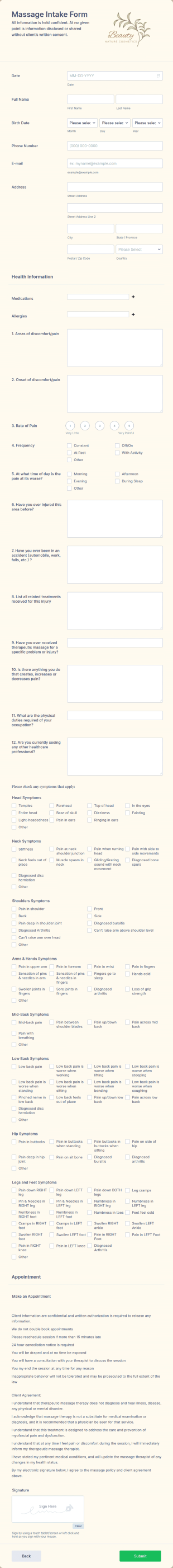 Massage Intake Form Template