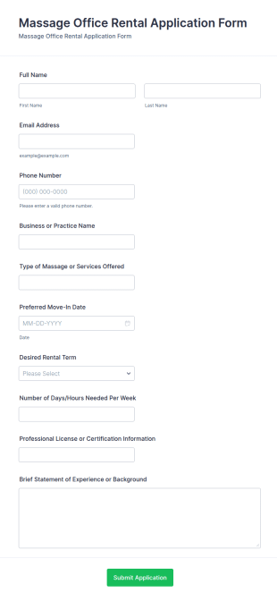 Massage Office Rental Application Form Template