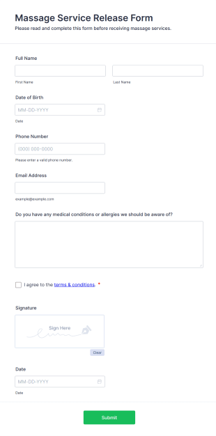 Massage Service Release Form Template