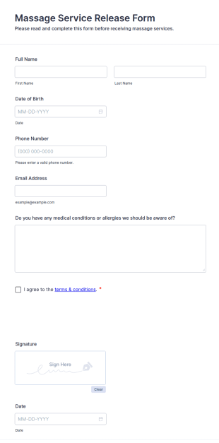 Massage Service Release Form Template