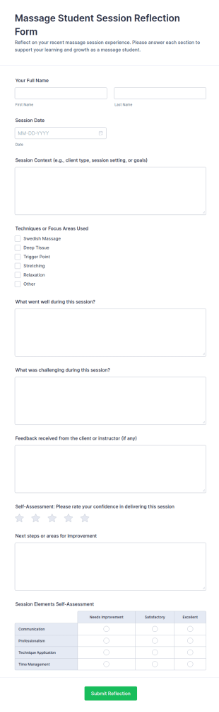 Massage Student Session Reflection Form Template