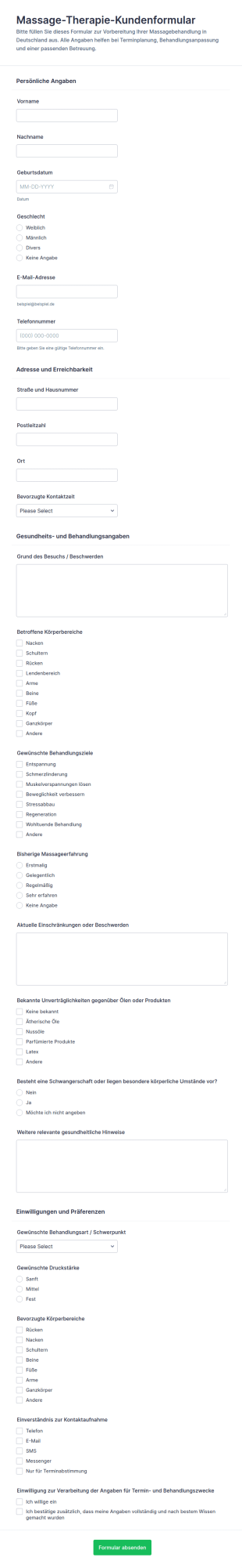 Massage Therapie Clientenaufnahme Formular