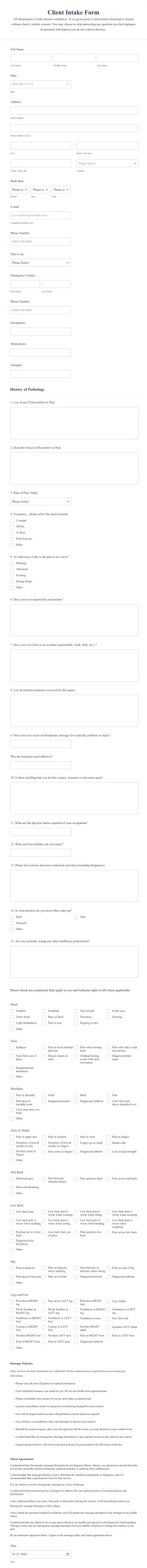 Massage Therapy Client Intake Form Form Template