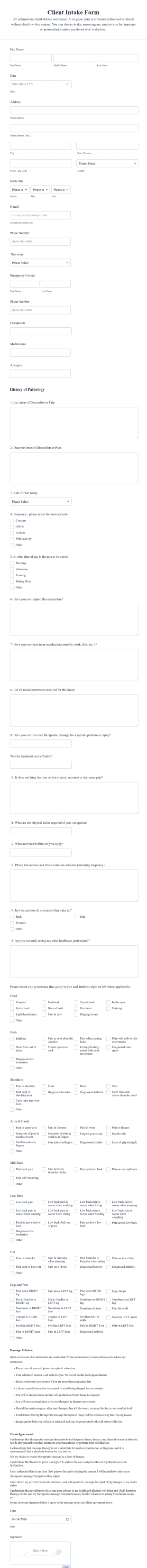 Massage Therapy Client Intake Form Template