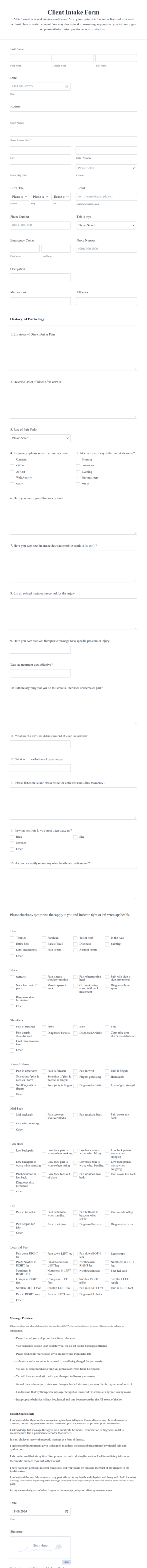 Massage Therapy Client Intake Form Template