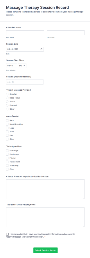 Massage Therapy Session Record Form Template