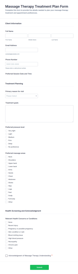 Massage Therapy Treatment Plan Form Template