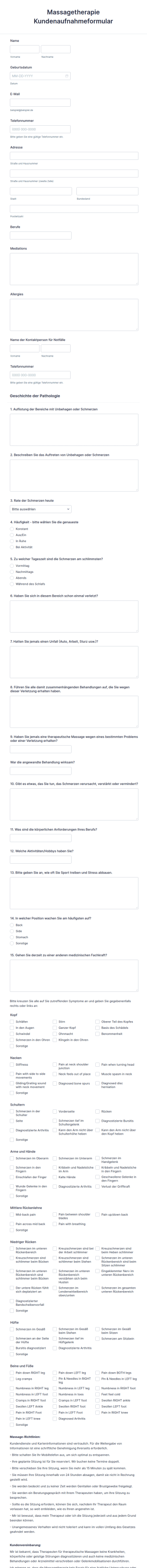 Massagetherapie Kundenaufnahmeformular