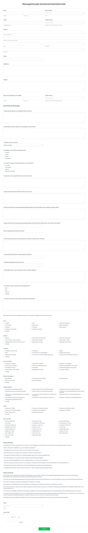 Massagetherapie Kundenaufnahmeformular Form Template