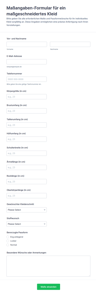 Maßanforderungsformular Für Bekleidung