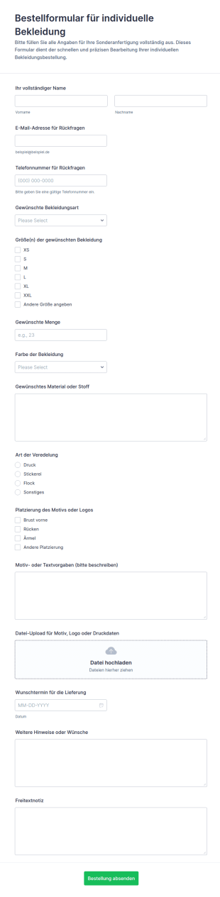 Maßgeschneiderte Bekleidungsbestellung Formular