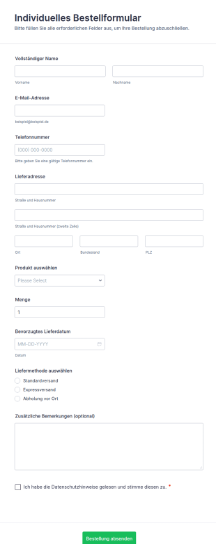 Maßgeschneiderte Bestellformular