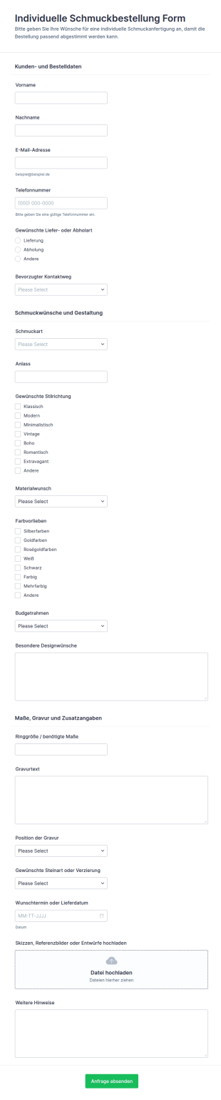 Maßgeschneiderter Schmuckbestellungsfragebogen