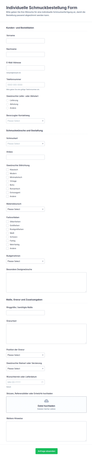 Maßgeschneiderter Schmuckbestellungsfragebogen