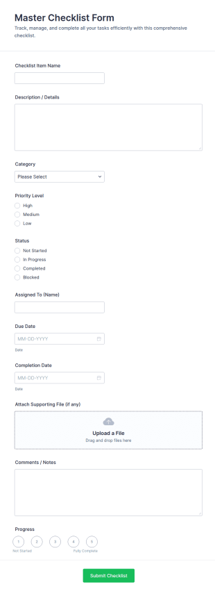 Master Checklist Form Template