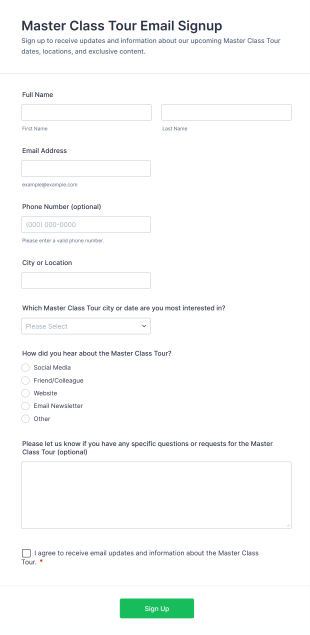 Master Class Tour Email Signup Form Template