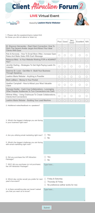 MASTER LMW Summit Survey Form Template