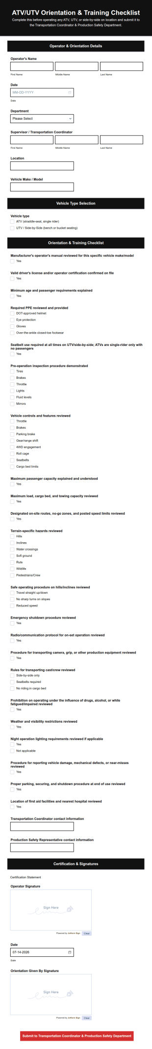 ATV UTV Training Checklist Form Template