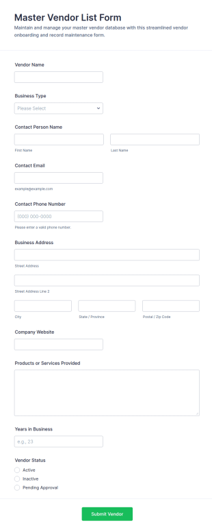 Master Vendor List Form Template